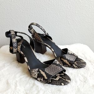 Coach Leather Snake Print Grey/Black/Cream Ankle Strappy Block Sandal Heels